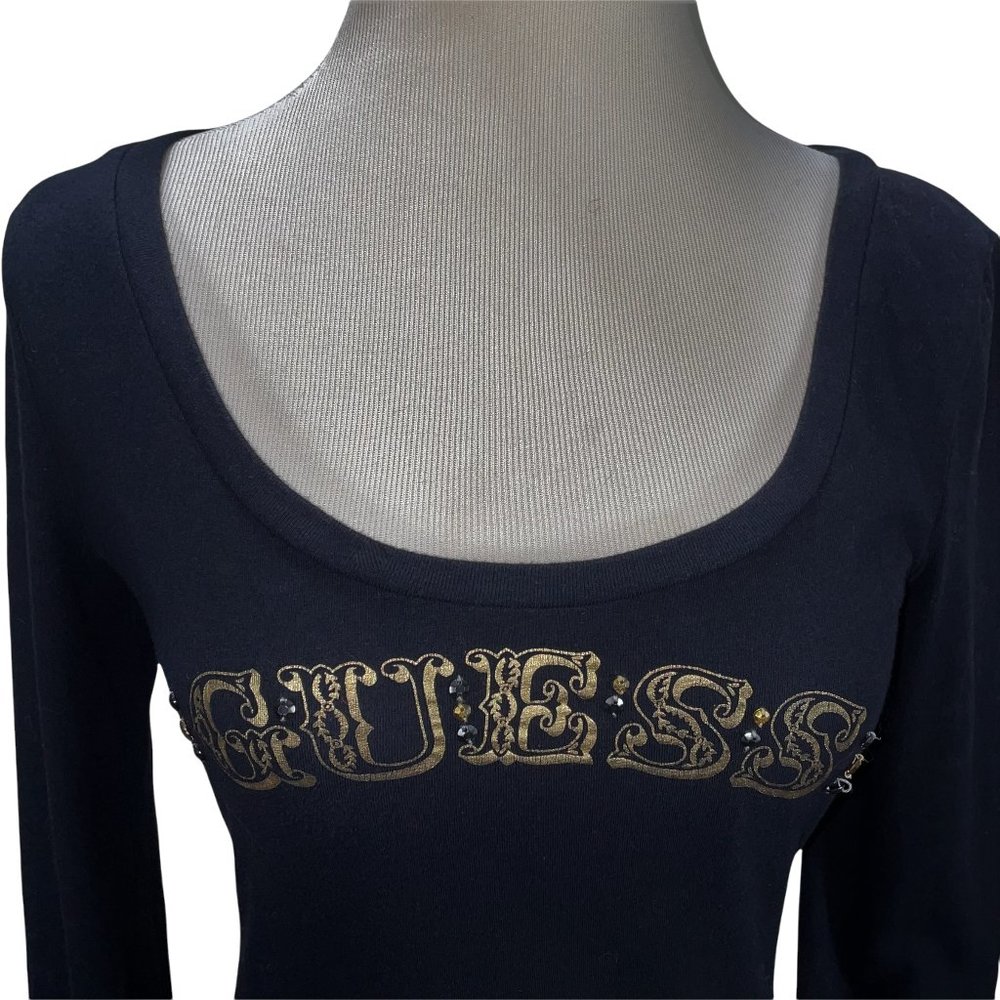 Vintage GUESS 1981 Beaded Gold Logo & Heart Print Black Knit Top Size M T-Shirt - Picture 5 of 11